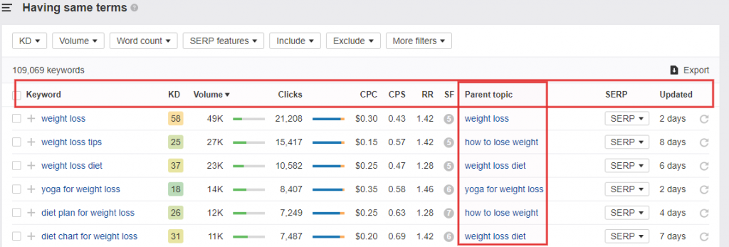 Ahrefs keywords with same terms