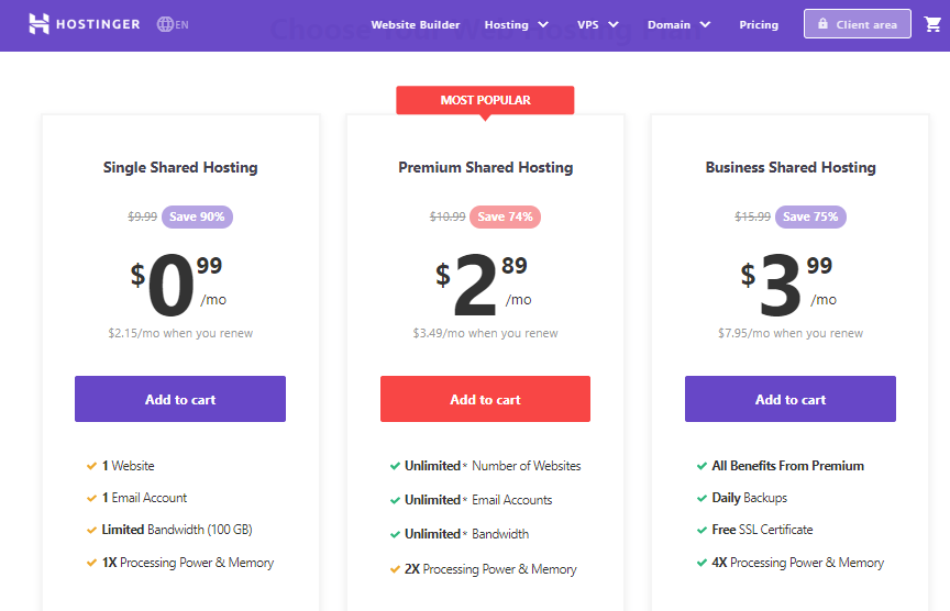 Hostinger shared hosting plans