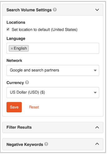 Keyword Tool filter