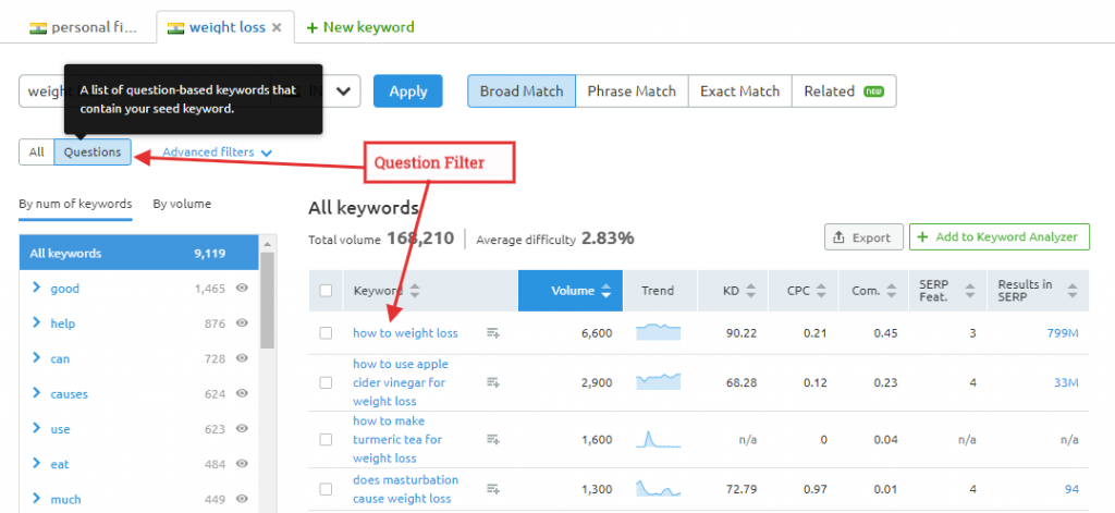 Filter based on questions