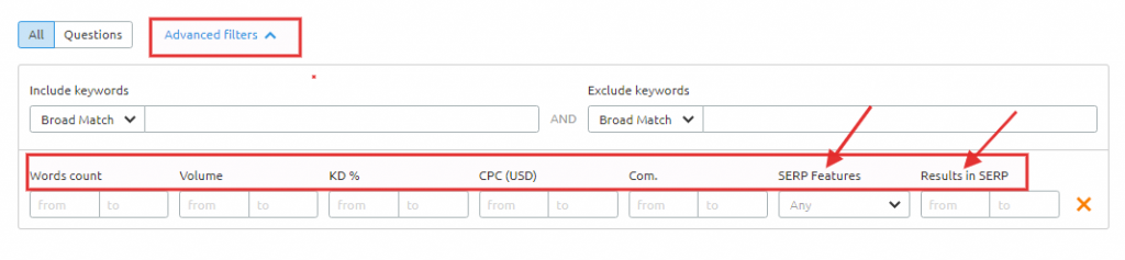 SEMrush filters