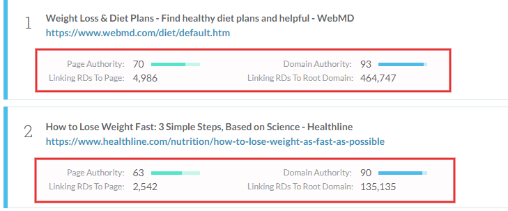 Moz Keyword explorer SERP, PA & DA